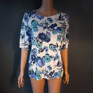 Talbot's Petite Short Sleeve Lightweight Blue Flowered Sweater Size XLp